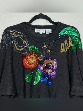 Vintage 1990s Floral Sequin Open Knit Sweater Dolman Sleeve Chic Glam City Sz LG